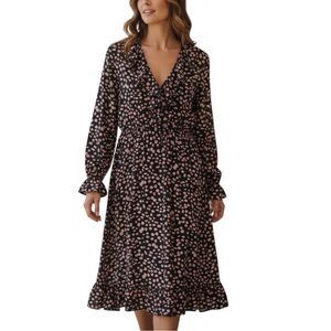 New Long Tall Sally Black and Pink Polka Dot Wrap Style Midi Dress - 14 Tall